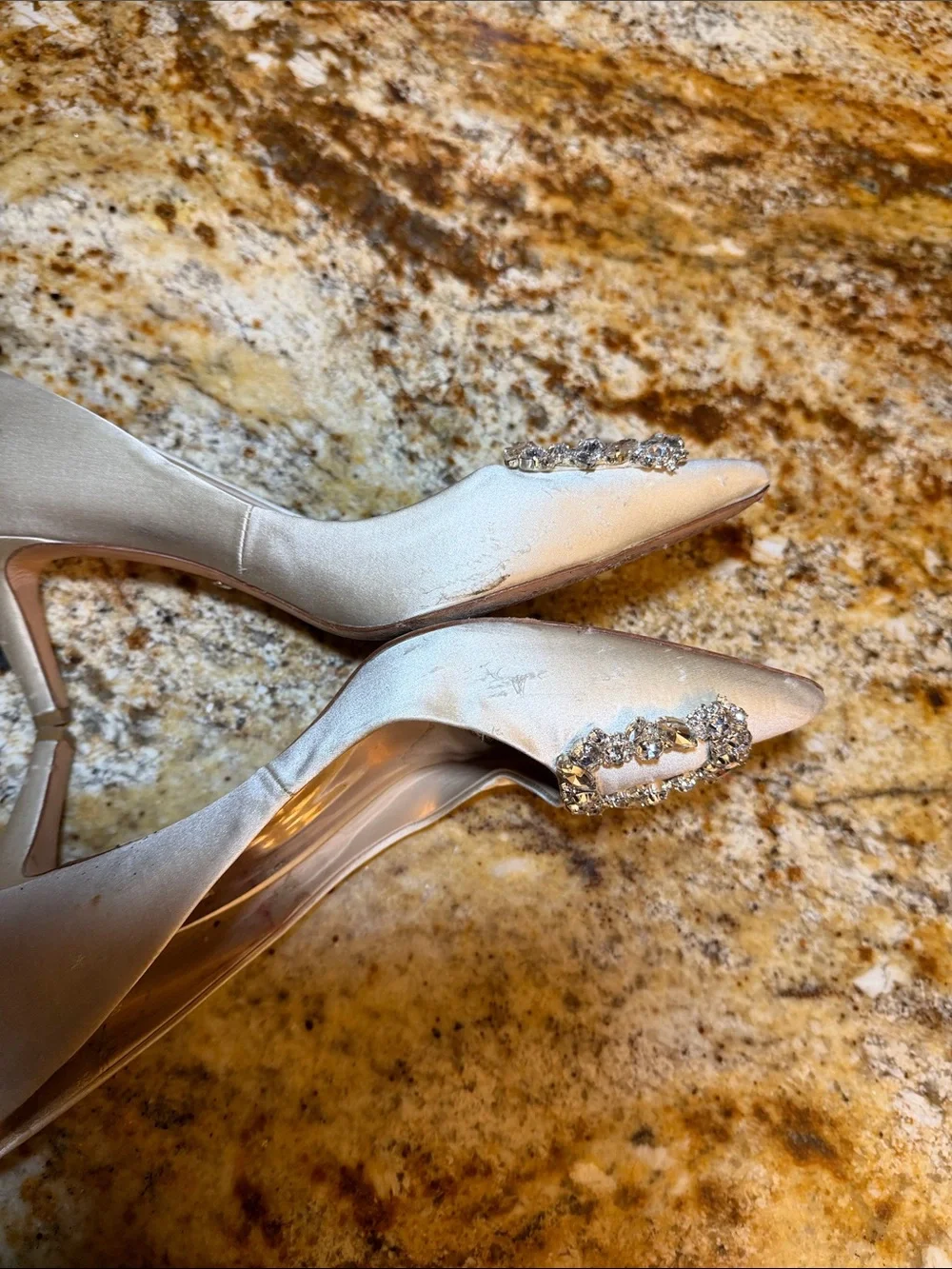 Badgley Mischka Ivory Satin Pointed Toe Embellished Pumps